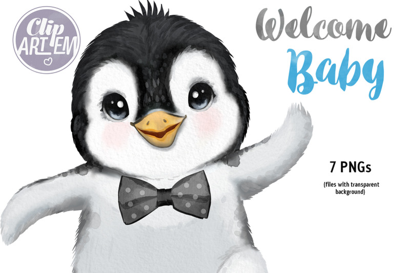 boy-penguin-baby-showercute-blue-black-bow-ties-watercolor-7png-images