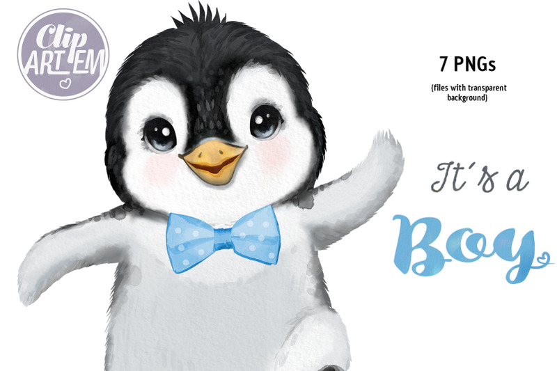 boy-penguin-baby-showercute-blue-black-bow-ties-watercolor-7png-images