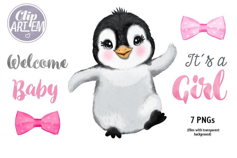 cute-waving-baby-girl-penguin-pink-bow-7-png-images-baby-shower-set