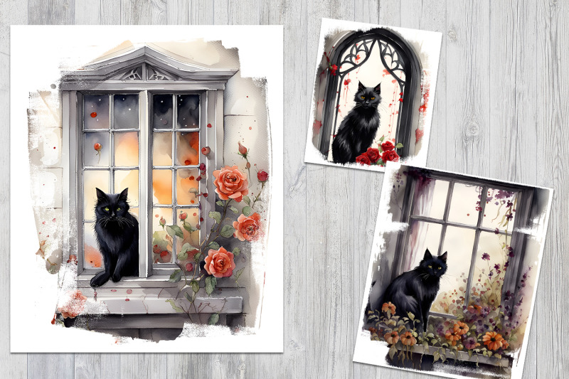 black-cat-floral-window-ilustrations