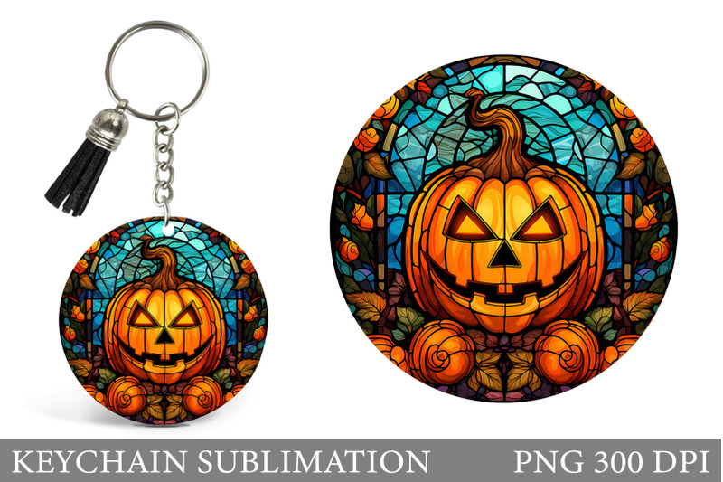 stained-glass-pumpkin-keychain-halloween-round-keychain