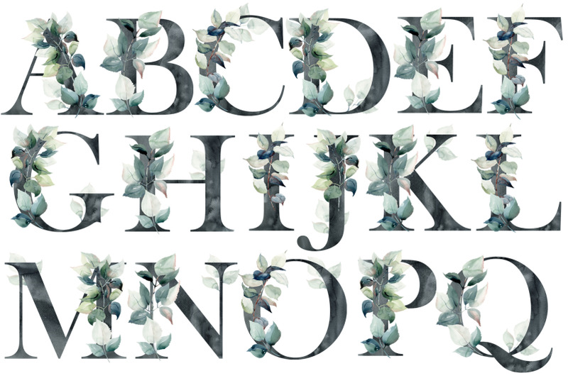 watercolor-floral-alphabet-with-leaves