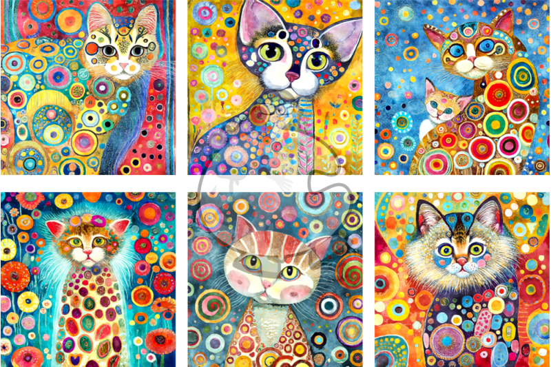 klimt-cats-watercolor-portrait-paintings