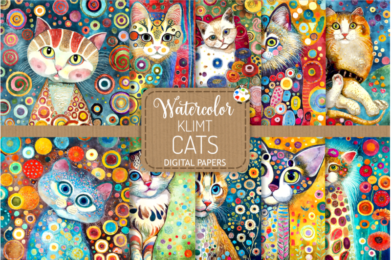 klimt-cats-watercolor-portrait-paintings