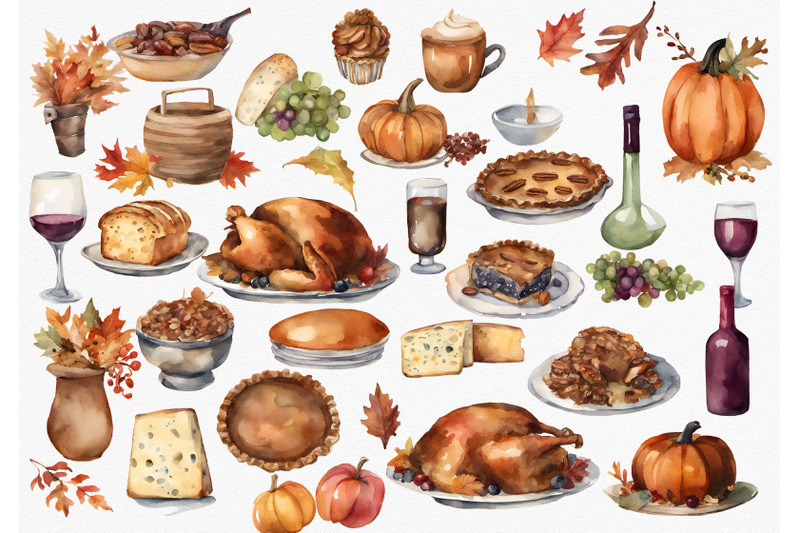 thanksgiving-dinner-watercolor-clipart-turkey-wine-bottle-wine-grap