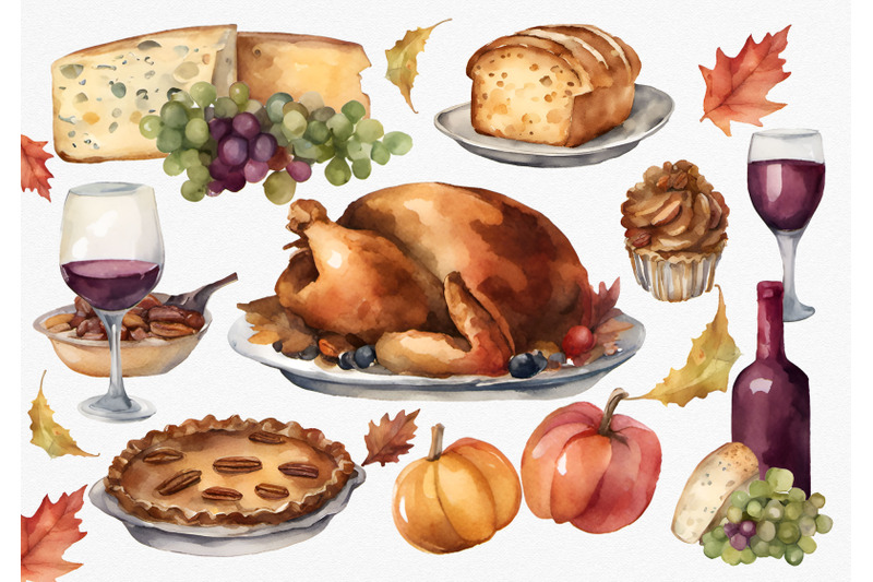 thanksgiving-dinner-watercolor-clipart-turkey-wine-bottle-wine-grap