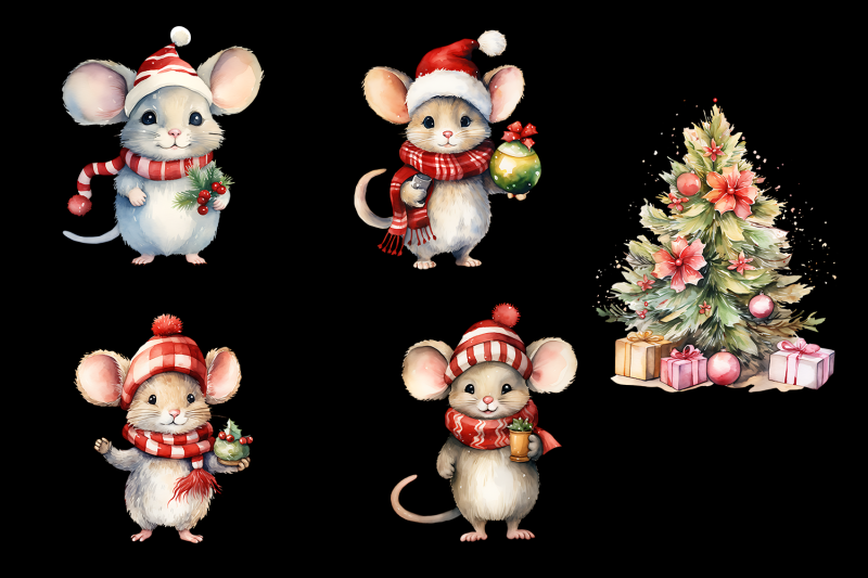 mouse-in-christmas-santa-hats-watercolor-clipart