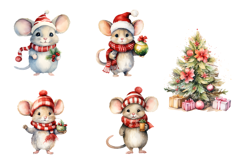 mouse-in-christmas-santa-hats-watercolor-clipart