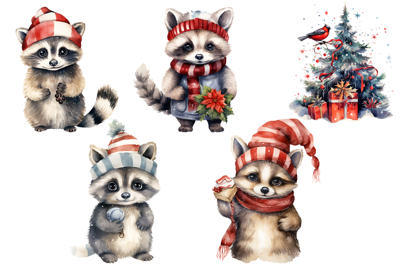 raccoon-in-christmas-santa-hats-watercolor-clipart