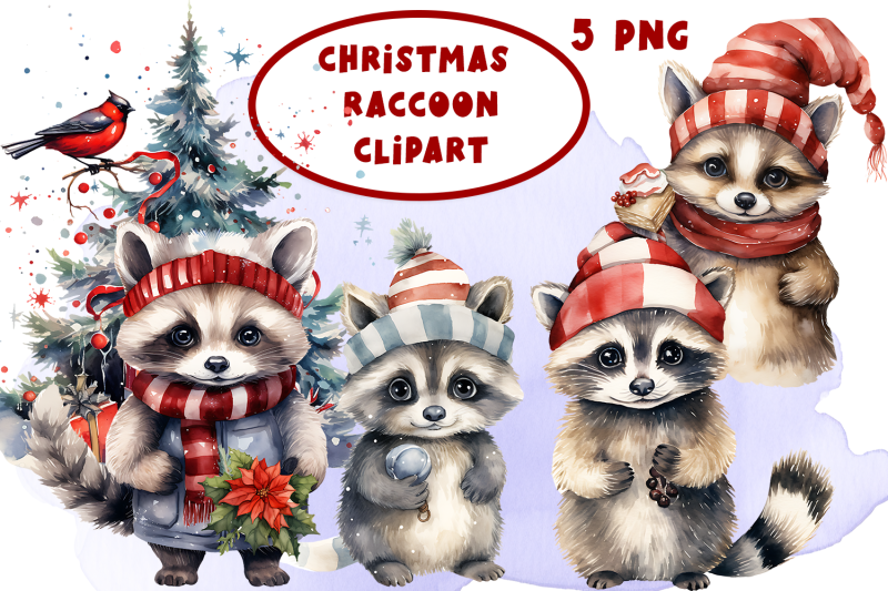 raccoon-in-christmas-santa-hats-watercolor-clipart