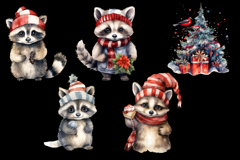 raccoon-in-christmas-santa-hats-watercolor-clipart