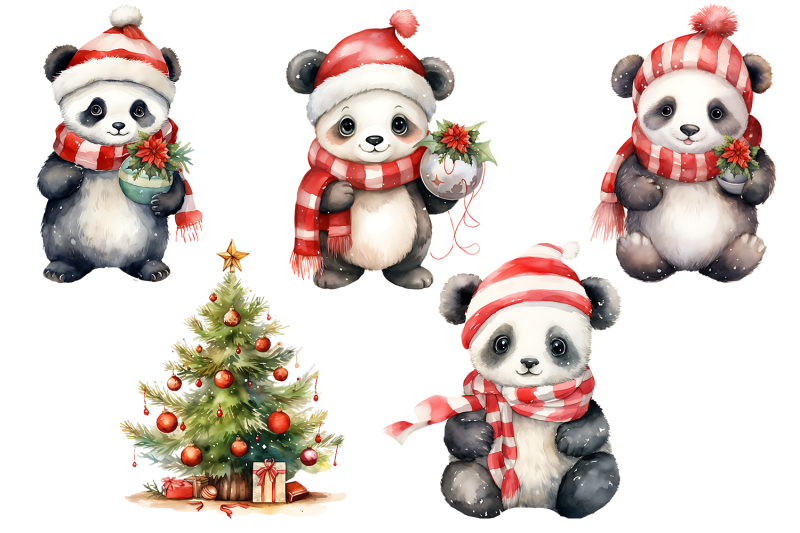 panda-in-christmas-santa-hats-watercolor-clipart