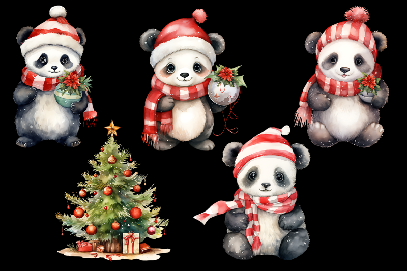 panda-in-christmas-santa-hats-watercolor-clipart