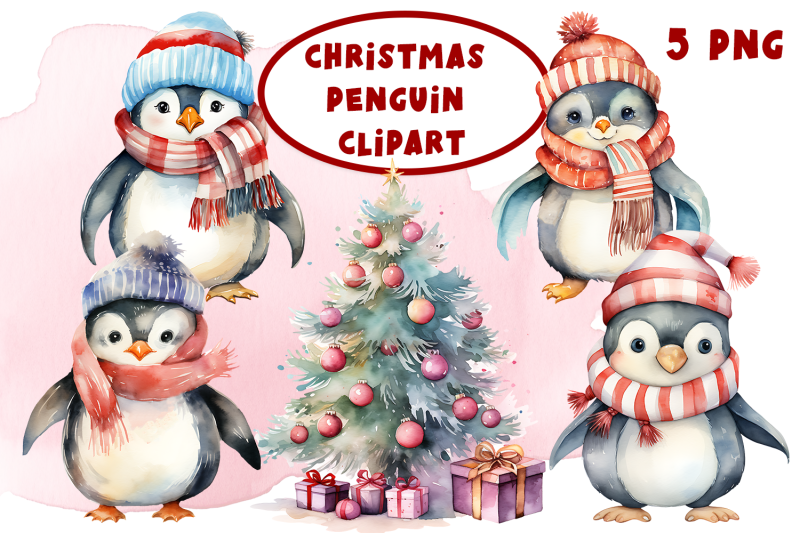 penguin-in-christmas-santa-hats-watercolor-clipart