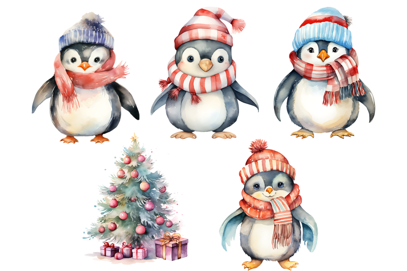 penguin-in-christmas-santa-hats-watercolor-clipart