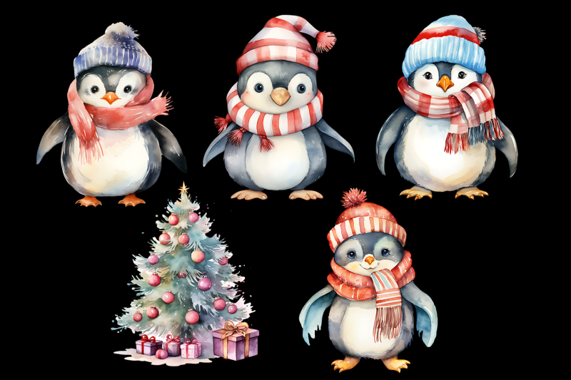 penguin-in-christmas-santa-hats-watercolor-clipart