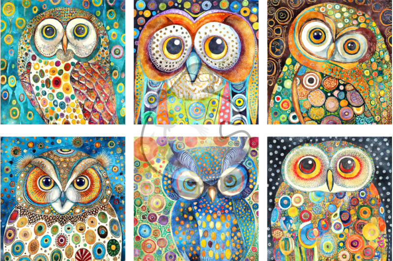 klimt-owls-watercolor-portrait-paintings