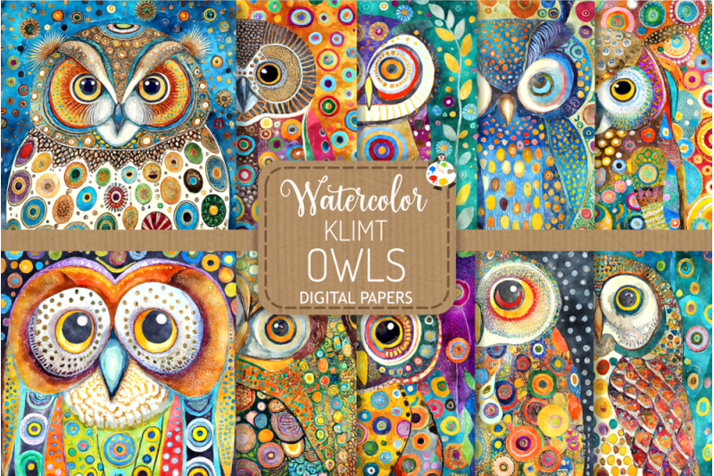 klimt-owls-watercolor-portrait-paintings