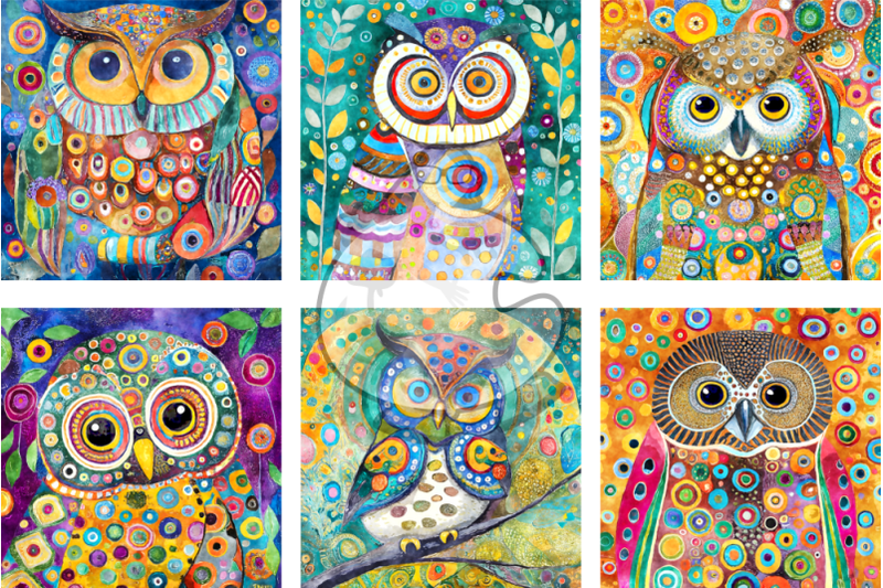 klimt-owls-watercolor-portrait-paintings