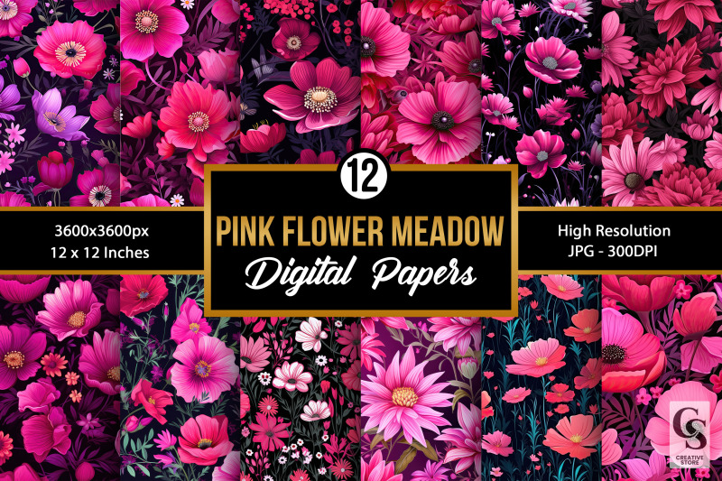 bright-pink-meadow-floral-digital-paper-patterns