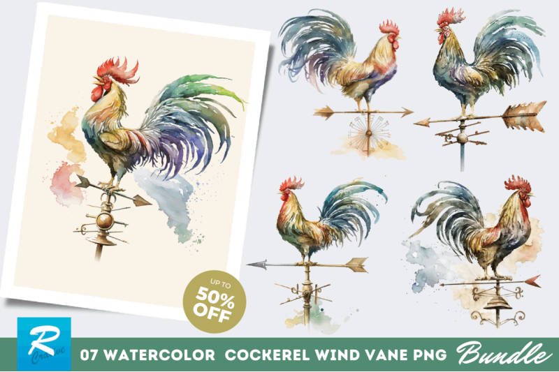 watercolor-cockerel-wind-vane-clipart-bundle