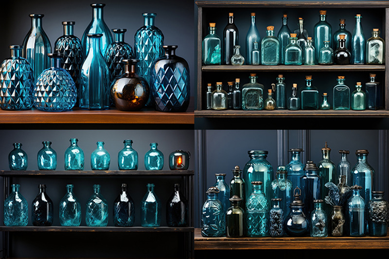 a-set-of-blue-bottles-on-a-shelf