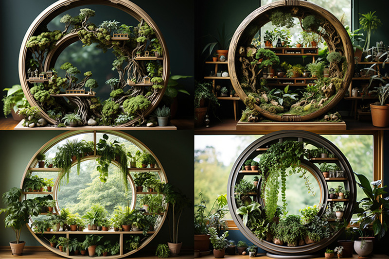 a-close-up-of-a-circular-wooden-frame-with-plants-in-a-room