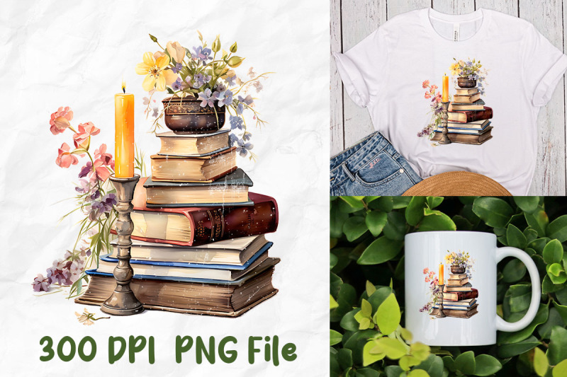 retro-stack-of-books-candle-wild-flowers