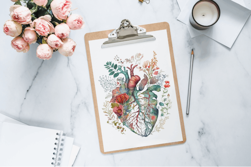 watercolor-anatomical-floral-heart-clipart-bundle