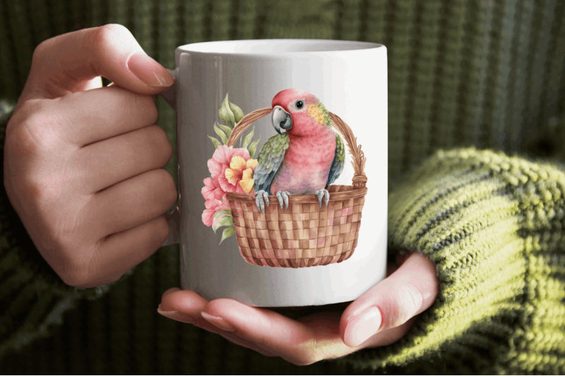 watercolor-cute-pink-parrot-in-basket-clipart-bundle