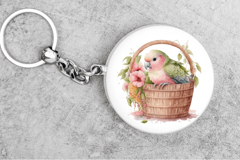 watercolor-cute-pink-parrot-in-basket-clipart-bundle