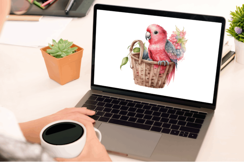 watercolor-cute-pink-parrot-in-basket-clipart-bundle