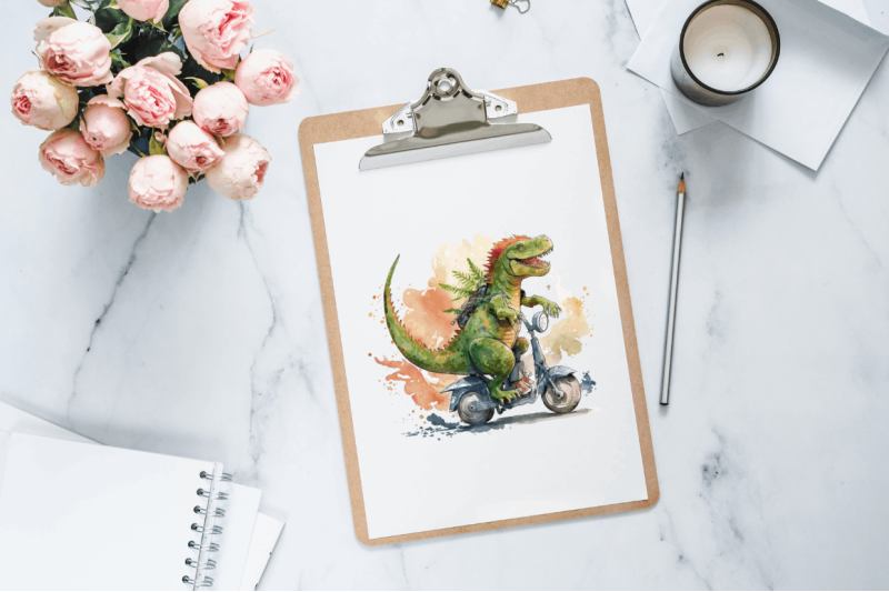 watercolor-dinosaur-riding-motorbike-clipart-bundle