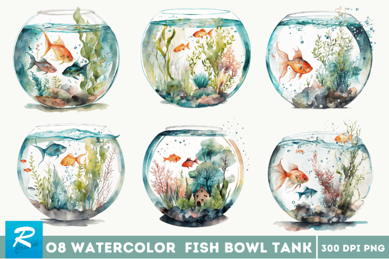 watercolor-fish-bowl-tank-clipart-bundle