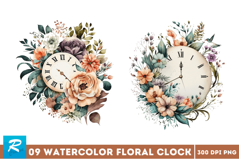 watercolor-floral-clock-clipart-bundle