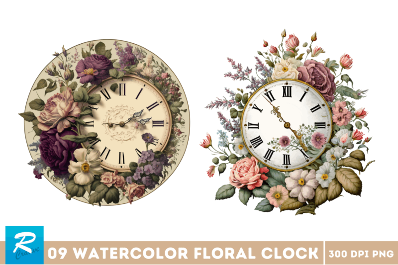 watercolor-floral-clock-clipart-bundle