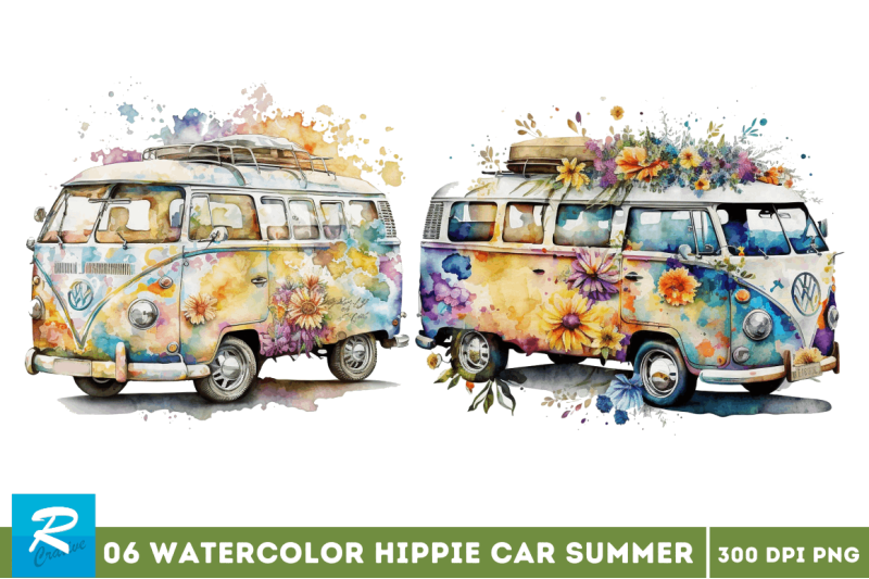 watercolor-hippie-car-for-summer-clipart-bundle