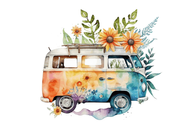 watercolor-hippie-car-for-summer-clipart-bundle