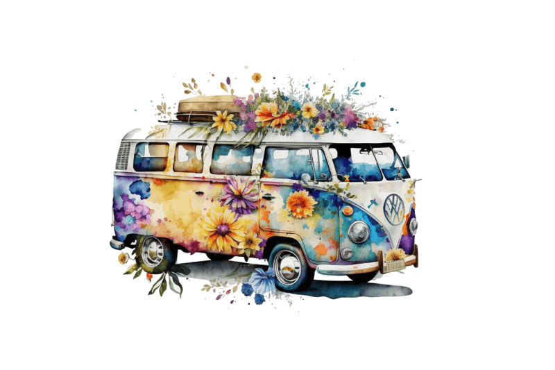 watercolor-hippie-car-for-summer-clipart-bundle