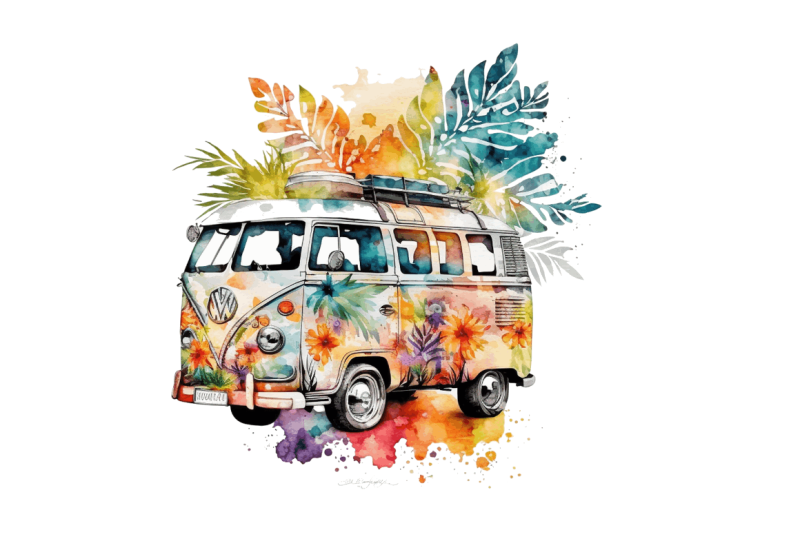 watercolor-hippie-car-for-summer-clipart-bundle