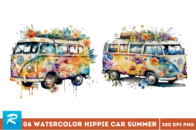 watercolor-hippie-car-for-summer-clipart-bundle