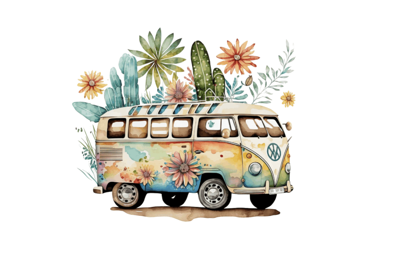 watercolor-hippie-car-for-summer-clipart-bundle