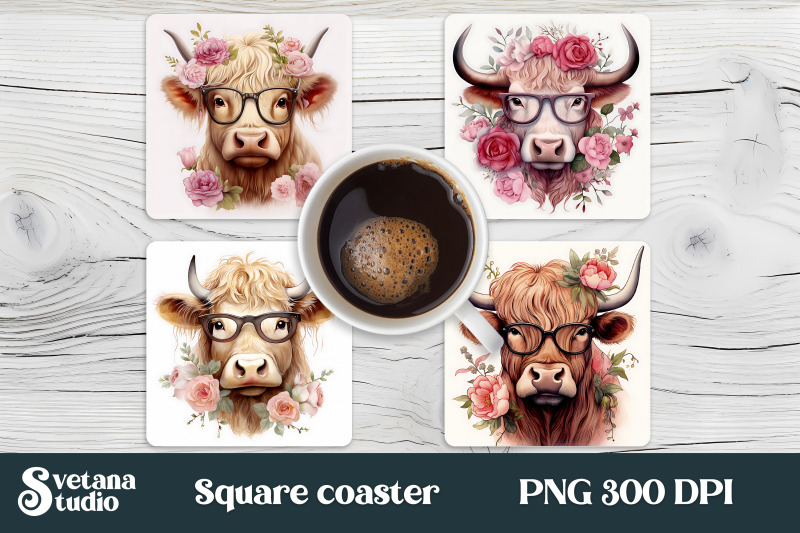 highland-cow-square-coaster-sublimation-cow-coaster-png