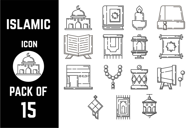 islamic-traditional-holy-objects-icon-pack-bundle-lineart-vector-template