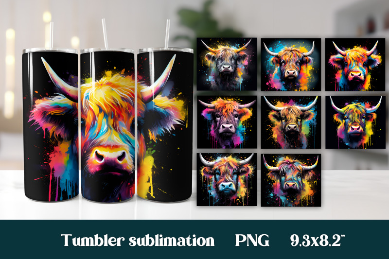 rainbow-highland-cow-tumbler-sublimation-bundle