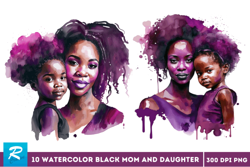 watercolor-black-mom-and-daughter-clipart-bundle