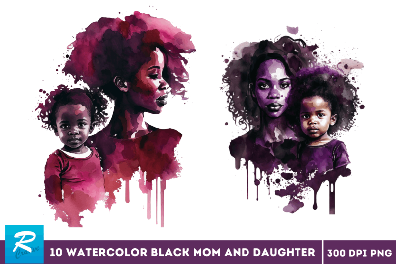 watercolor-black-mom-and-daughter-clipart-bundle