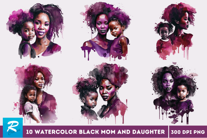 watercolor-black-mom-and-daughter-clipart-bundle