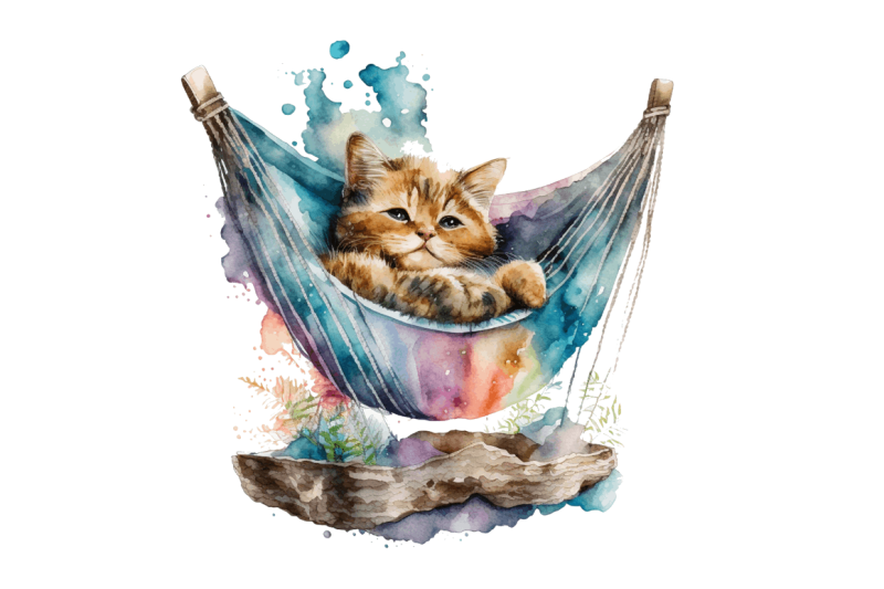 watercolor-cute-cat-in-a-hammock-clipart-bundle