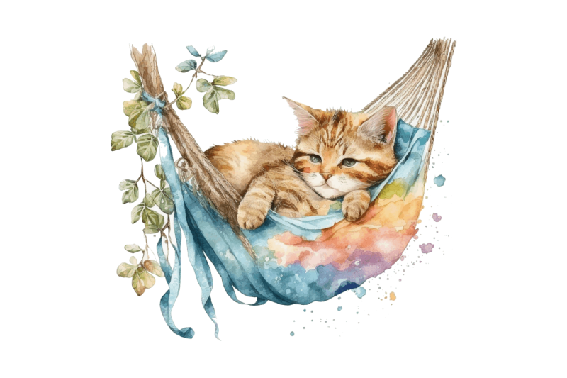 watercolor-cute-cat-in-a-hammock-clipart-bundle